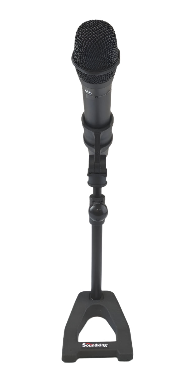Table top microphone stand with large microphone clamp