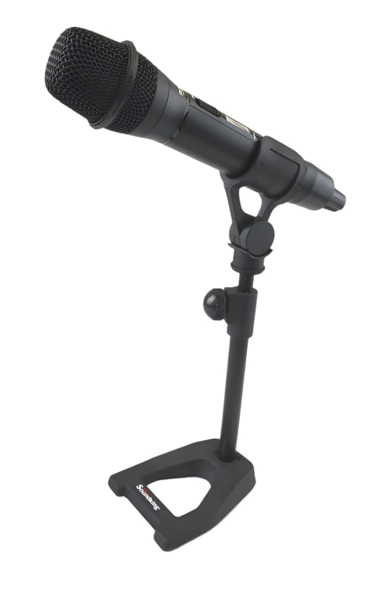 Table top microphone stand with large microphone clamp