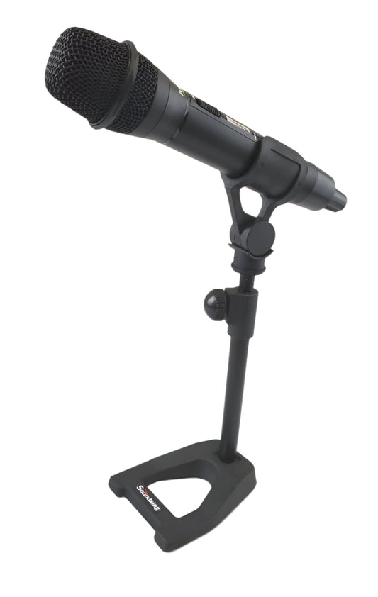 Table top microphone stand with large microphone clamp