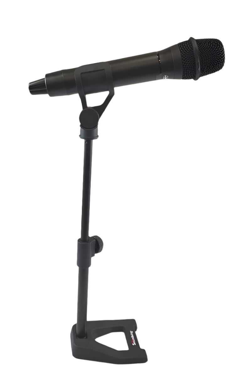 Table top microphone stand with large microphone clamp