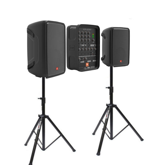 JBL Eon208p 8" PA System with 8 channel mixer and bluetooth + BONUS speaker stands