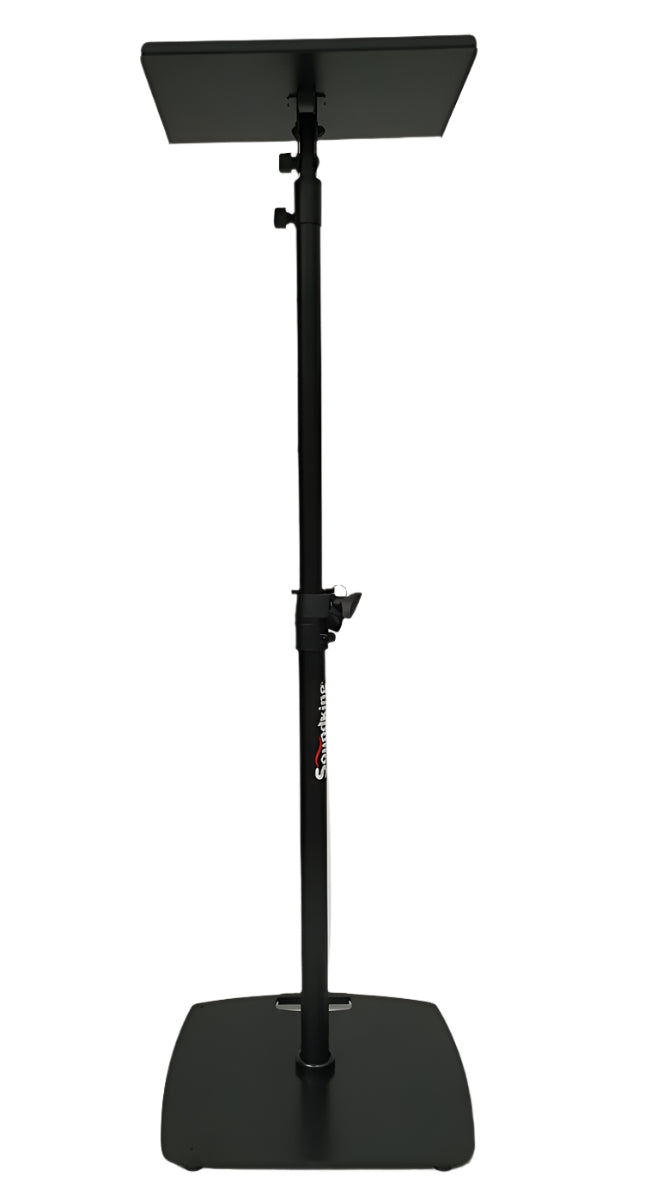 Studio monitor stand with large top tray and steel base plate