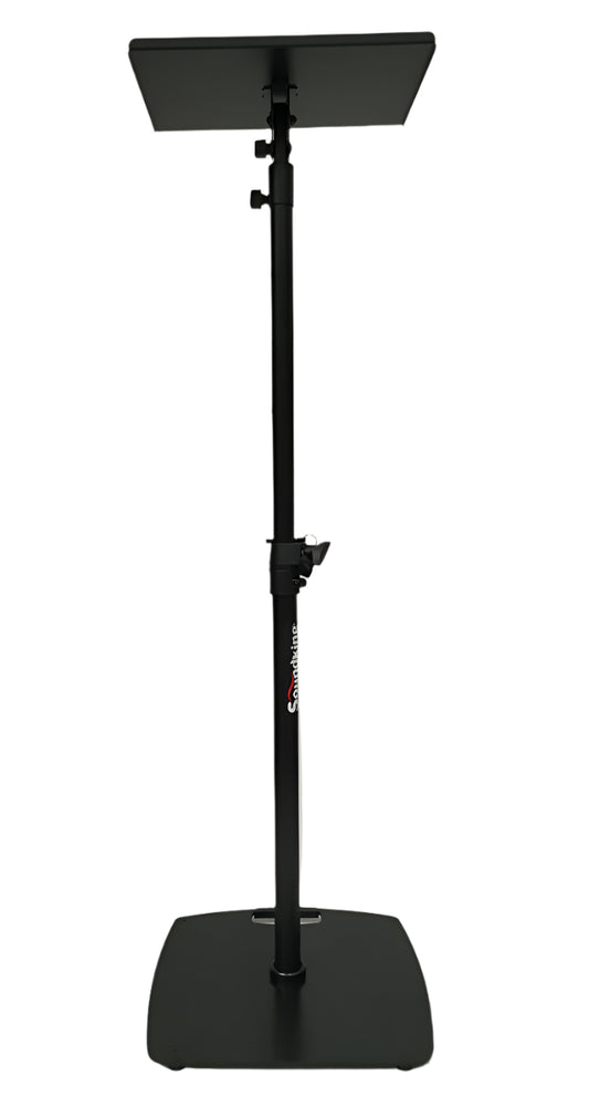 Studio monitor stand with large top tray and steel base plate