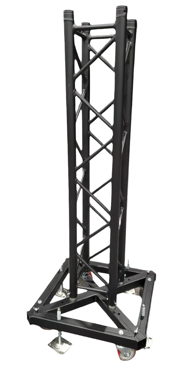 Black metal truss stand on wheels in an indoor setting with promotional signs in the background.