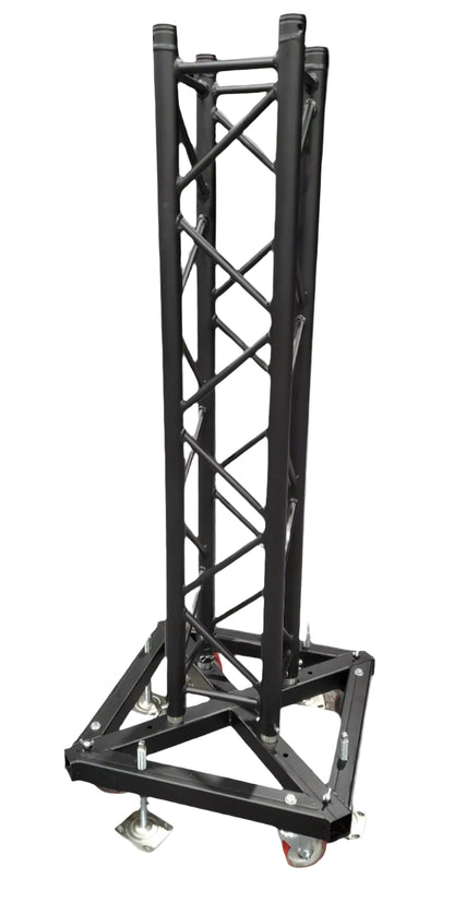 Black metal truss stand on wheels in an indoor setting with promotional signs in the background.