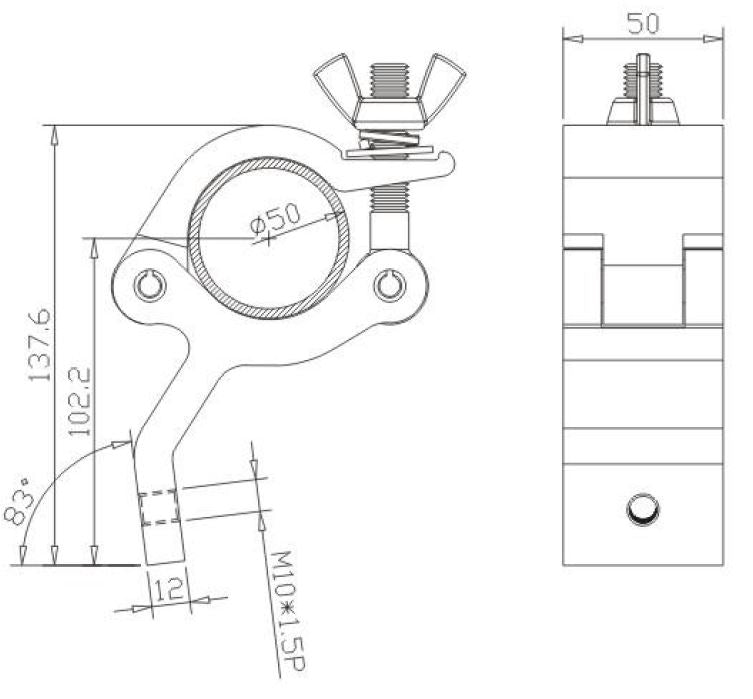 Aluminium wall / ceiling mount  bracket fits 48-51mm pipe 83deg SWL300g
