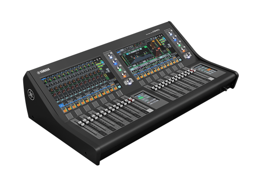 Yamaha NXS-16 digital audio mixer console with multiple faders, knobs, and illuminated control screens on a solid white background.
