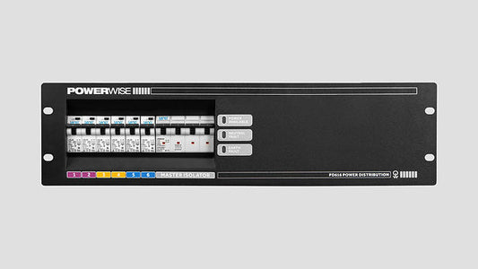 A black PowerWise IIII electrical distribution panel with circuit breakers, terminal blocks, and control buttons, shown against a light gray background.