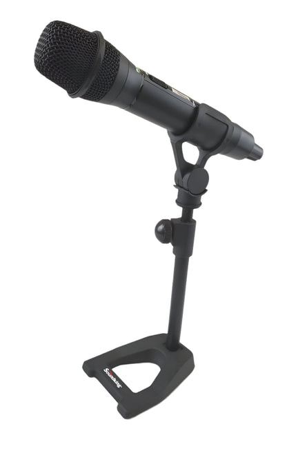 Table top microphone stand with large microphone clamp