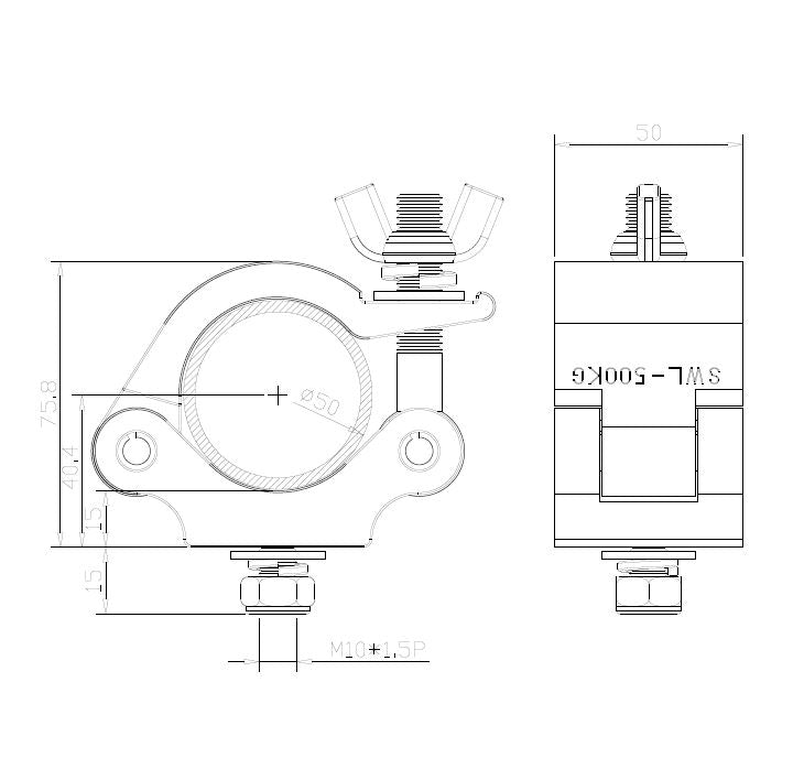 Technical dimension drawing of a metal clamp or connector component, showing front and side views with measurement annotations on a white background.