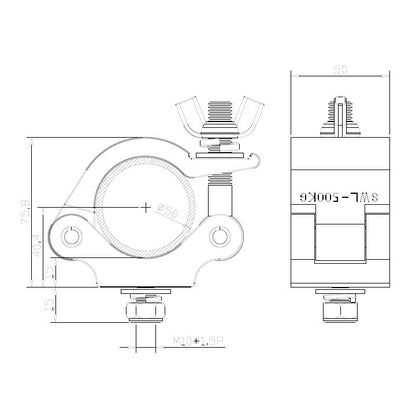 Technical dimension drawing of a metal clamp or connector component, showing front and side views with measurement annotations on a white background.